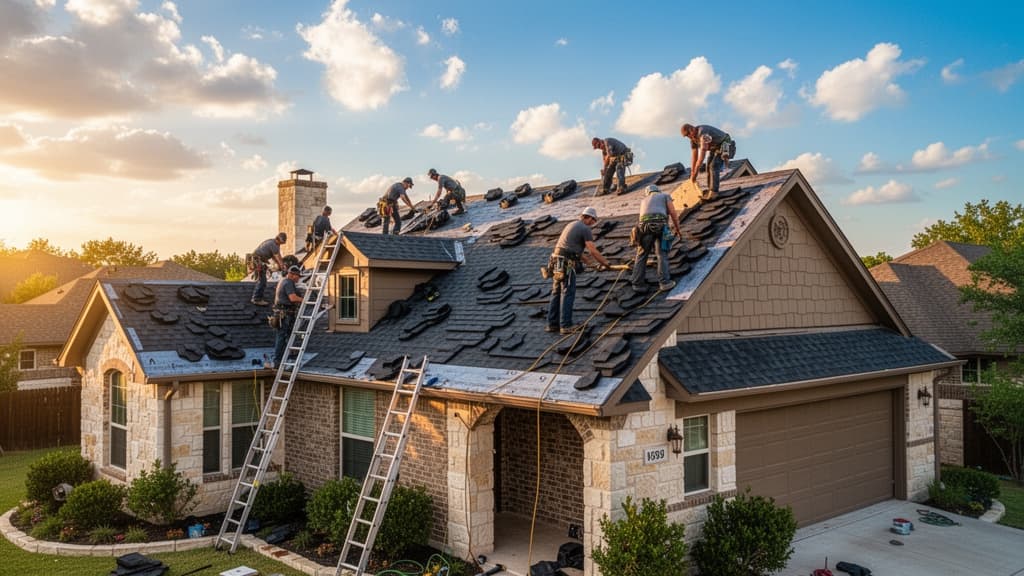 Professional roofing crew installing shingles on a San Antonio home